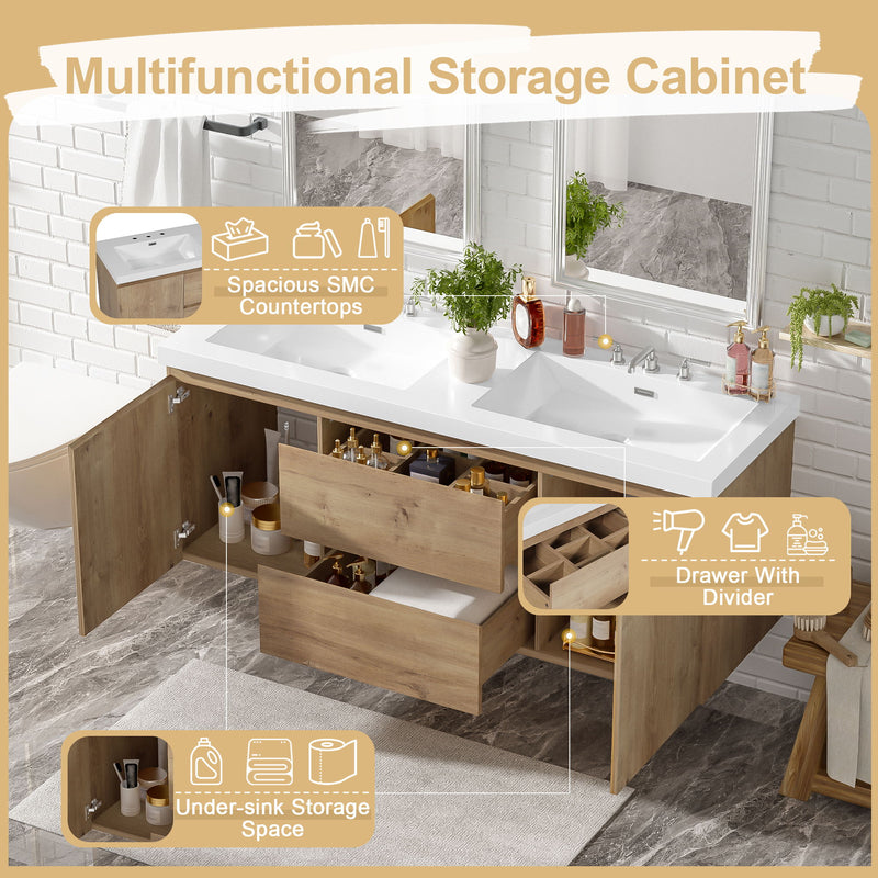 Double Sink Bathroom Vanity, Cabinet & Soft Close Doors, Divided Drawers, Wall Mounted Storage - Wood