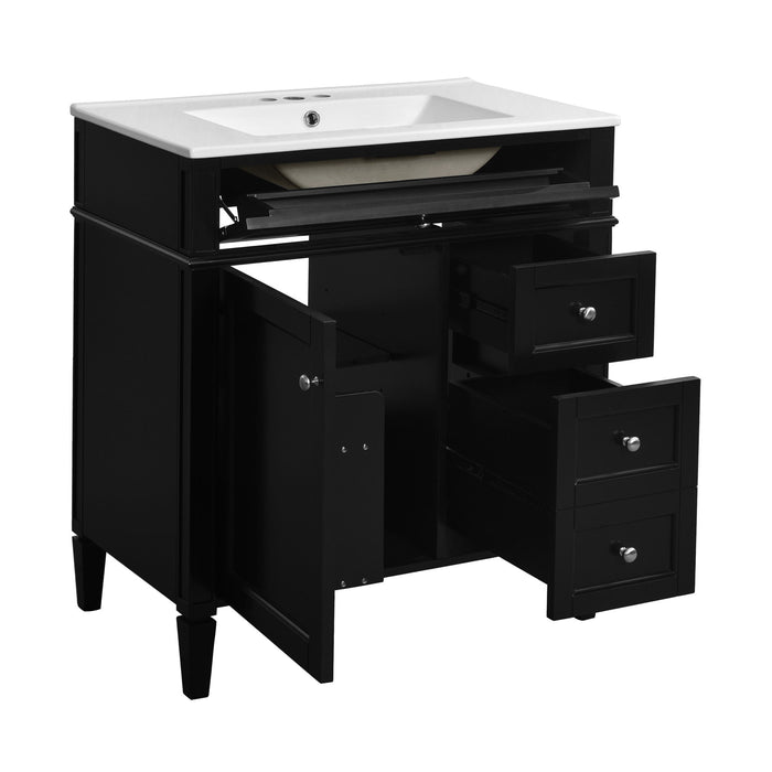 Bathroom Vanity With Top Sink, 2 Doors And 3 Drawers, Freestanding Set With Mirror Cabinet
