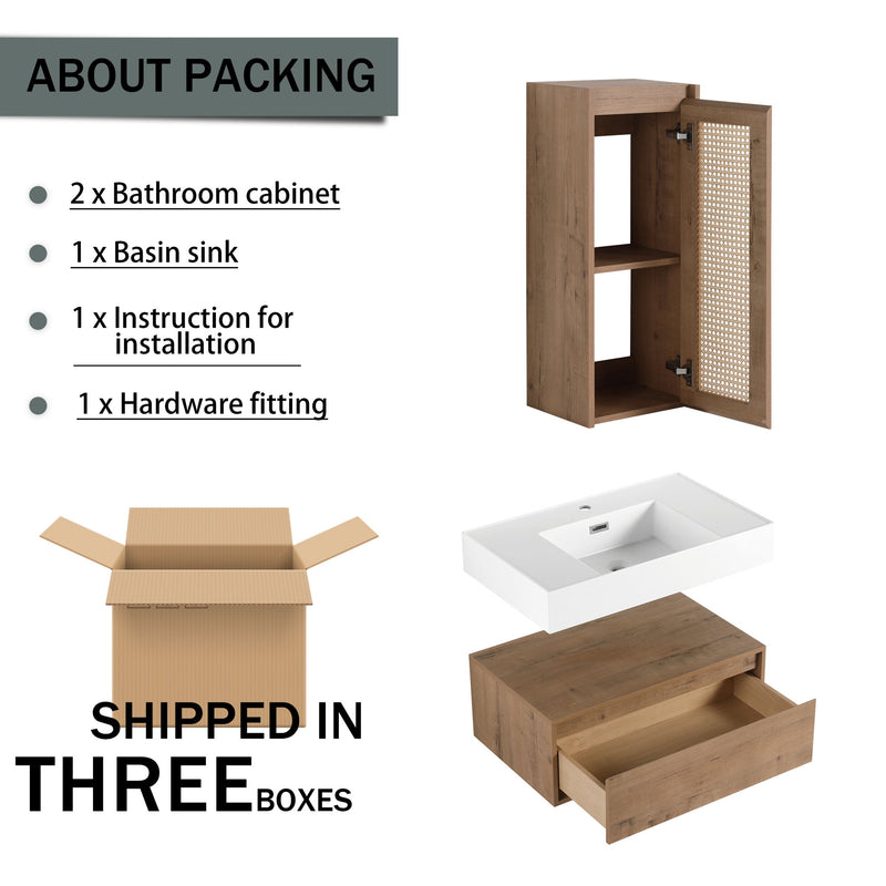 Modern Imitative Wall Mounted Bathroom Vanity With Resin Sink And Side Cabinet