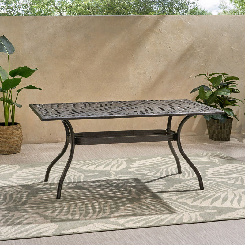 Celestine - Outdoor Cast Aluminum Dining Table With Floral Lattice Design And Umbrella Holder