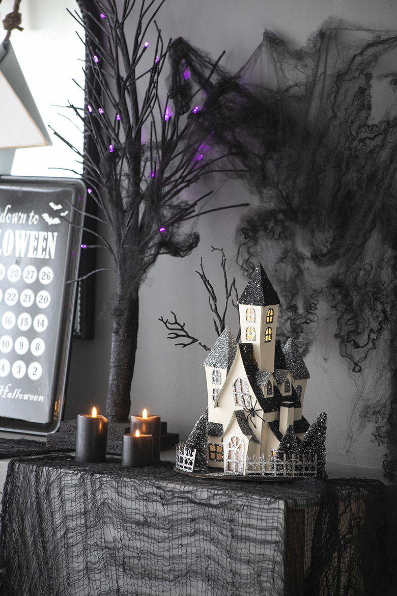 Cardboard Lighted Haunted House, Tabletop Holiday Halloween Decor, Battery Powered - Beige / Black