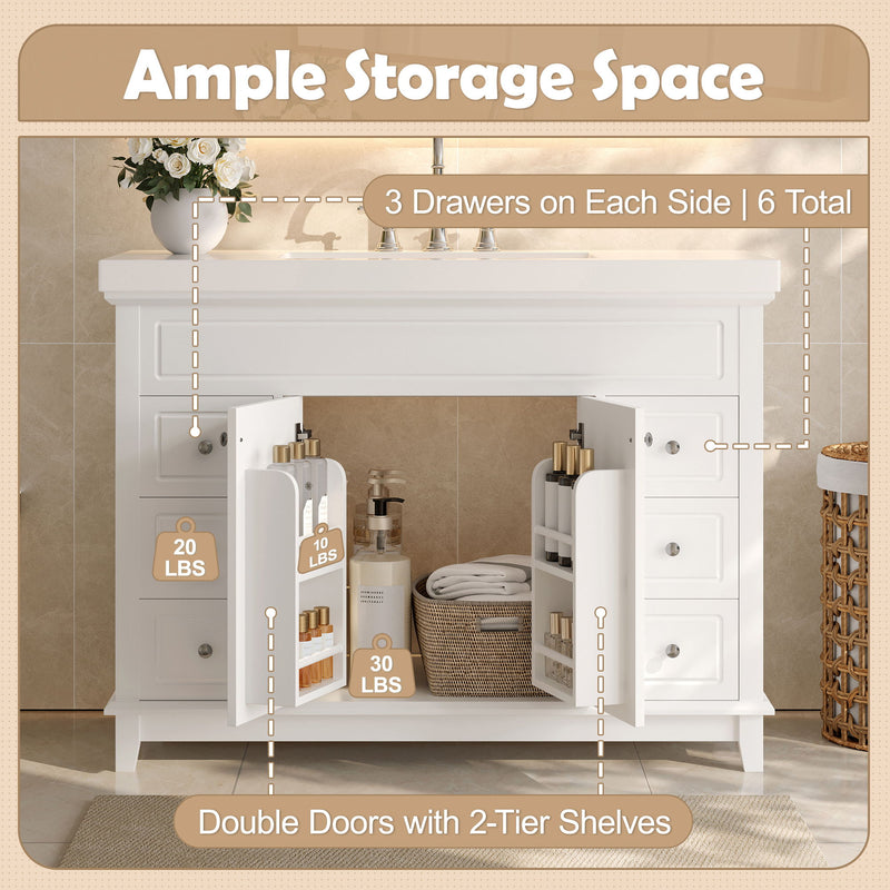 Bathroom Vanity With Sink, 6 Soft Close Drawers & Double Doors - White