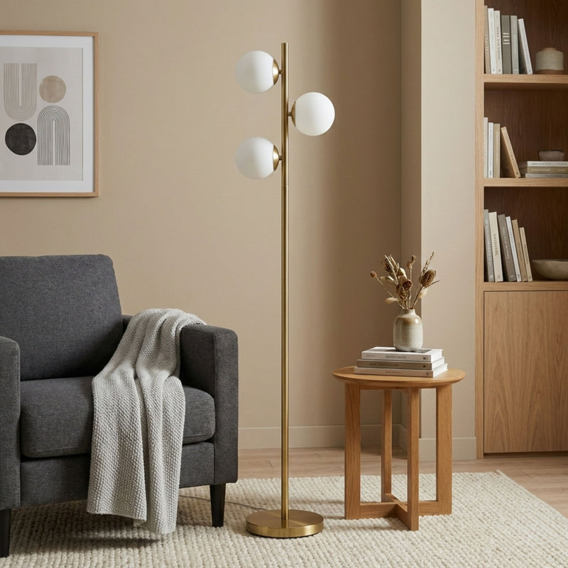 Brilliance - Modern Floor Lamp, Opal Shades And Round Base - Clear / Gold