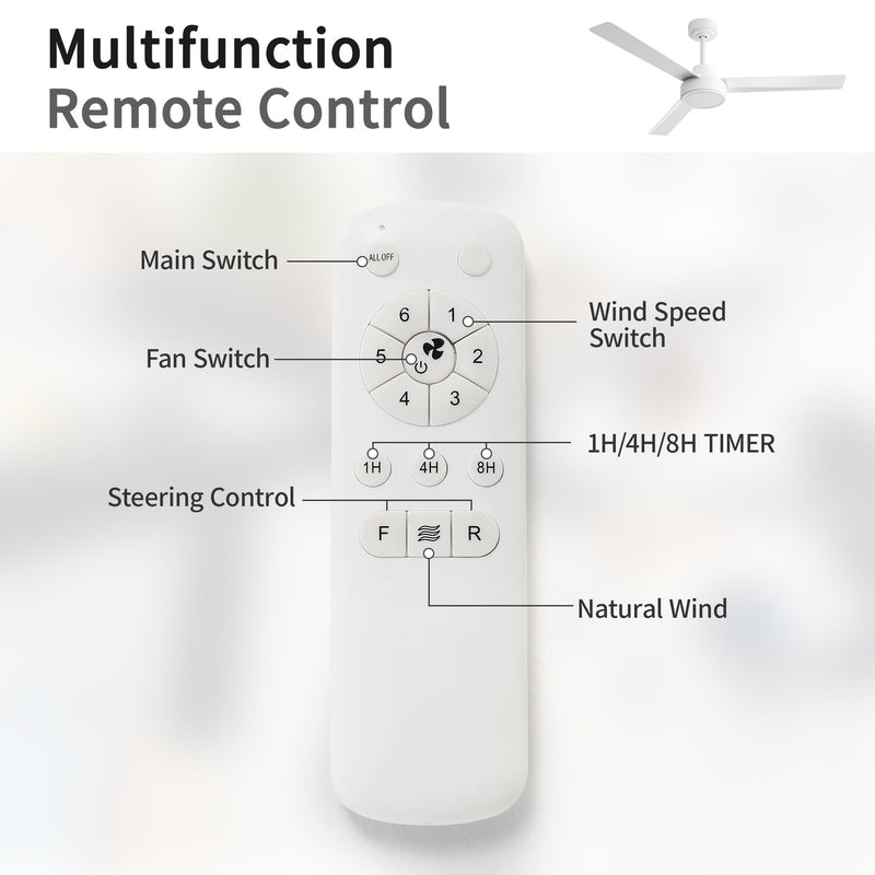 52" Ceiling Fan With Remote Control, 3 Blades, DC Motor, 6 Speed Reversible For Living Room - White