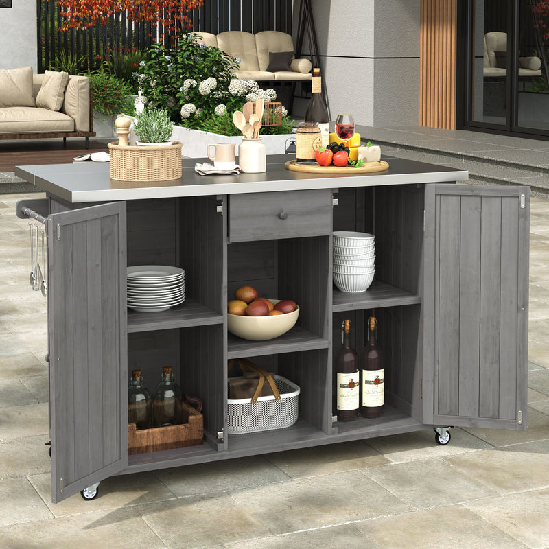 Outdoor Kitchen Island With Stainless Steel Top, Ample Storage Space, Towel And Spice Racks And A Bottle Opener