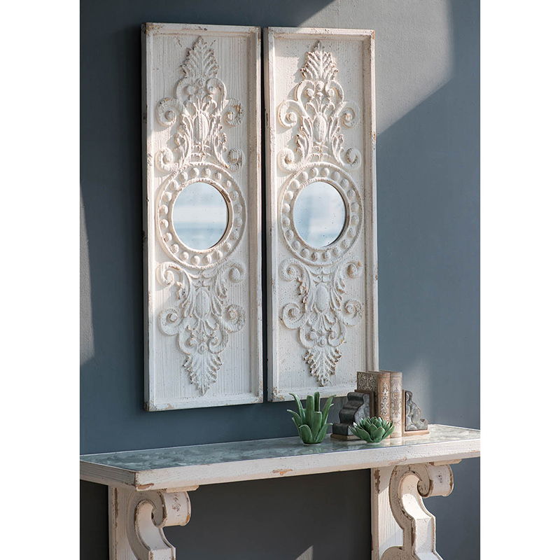Large Wooden Wall Art Panels With Distressed Round Mirror Accents (Set of 2) - White