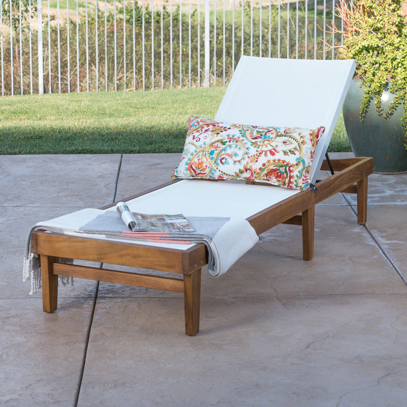 Outdoor Chaise Lounge With Acacia Wood Frame - White / Teak