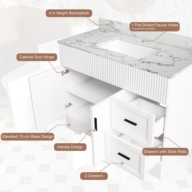 Bathroom Vanity Set, Fluted Cabinet, Soft Close Doors & Drawers, Sink Included - White