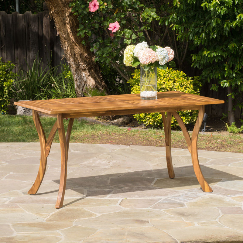 Outdoor Rectangular Table With Curved Legs And Perpendicular Wooden Slats Table Top