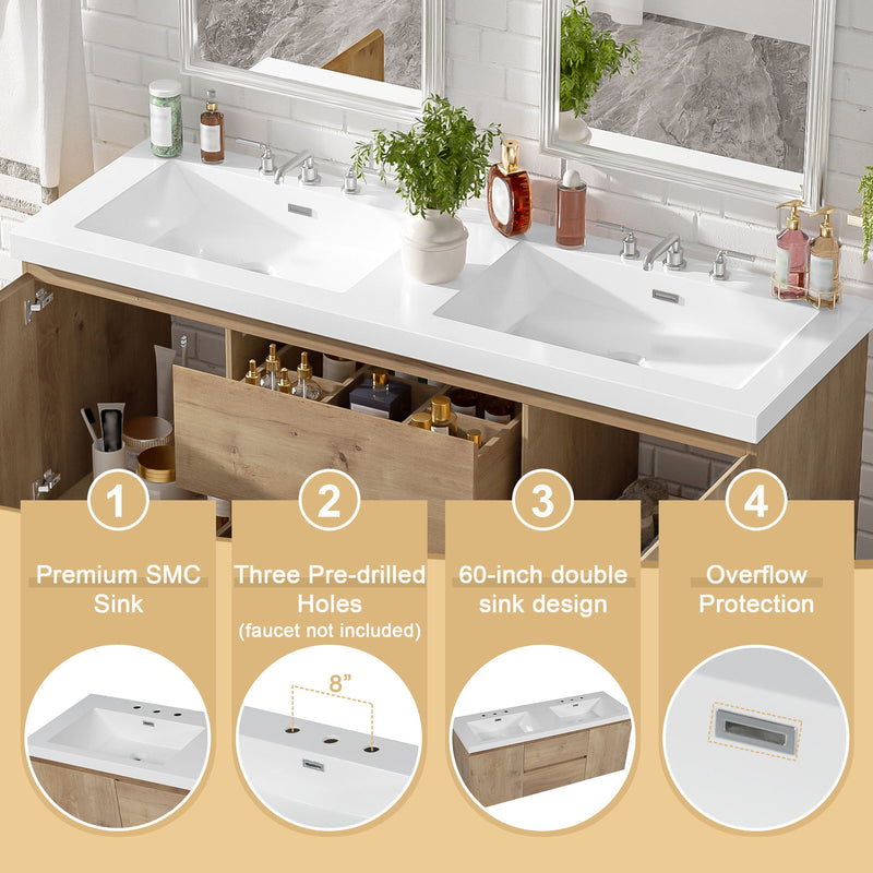 Double Sink Bathroom Vanity, Cabinet & Soft Close Doors, Divided Drawers, Wall Mounted Storage - Wood
