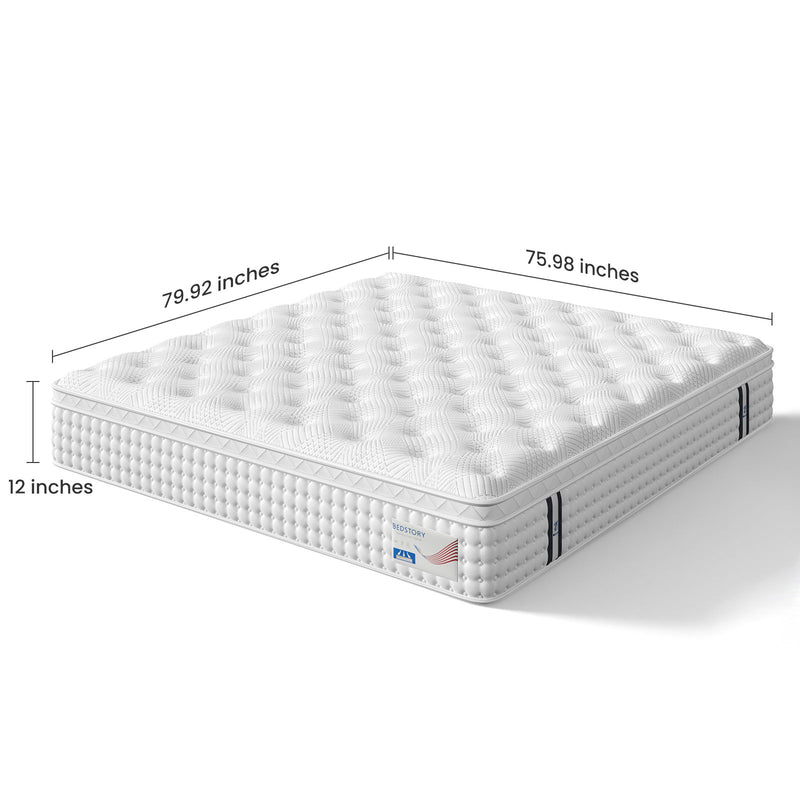 12" Hybrid Mattress, Memory Foam & Pocket Spring Bed, Medium Firm Comfort, Spine Support, Quiet & Breathable - White - King