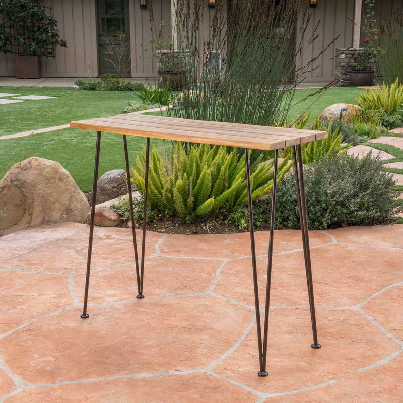 Outdoor Bar Table With Wood Tabletop And Iron Hairpin Legs - Black / Teak