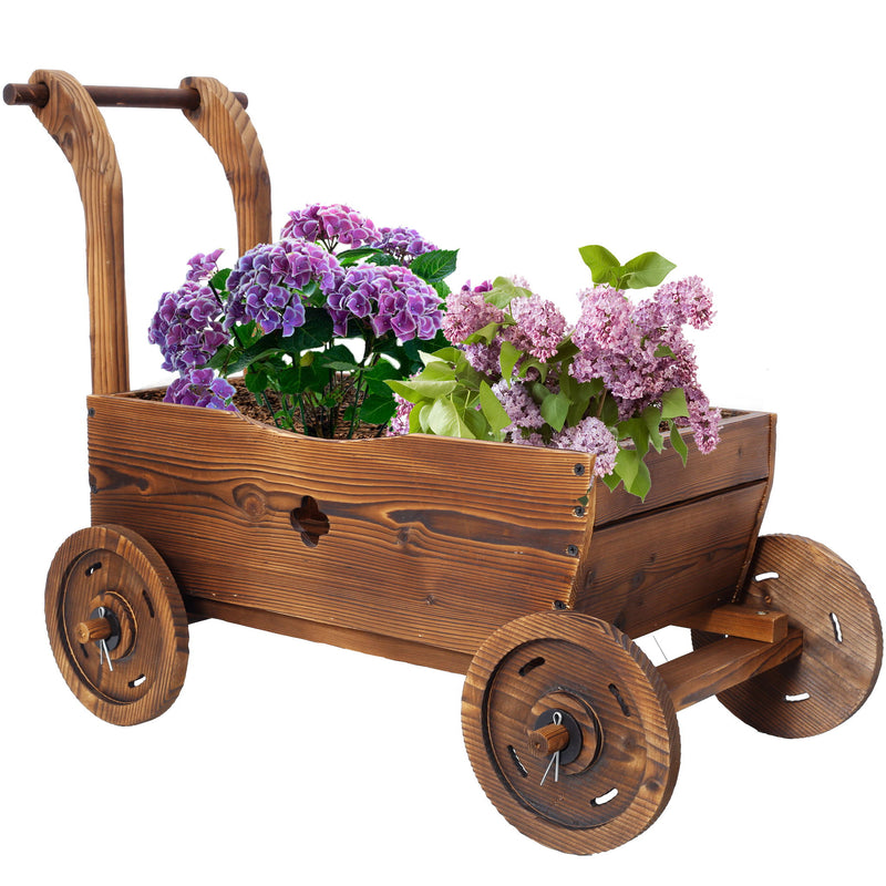 Wooden Wagon Planter Box Mobile Garden Planter With Wheels Handle Drain Hole Wood - Brown