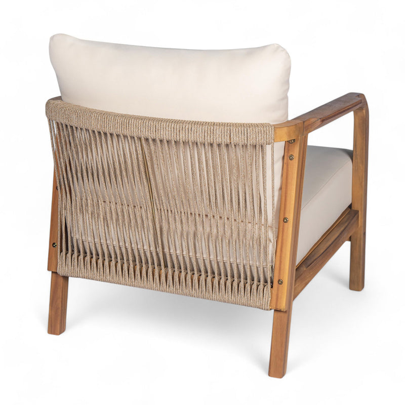 Outdoor Lounge Chair With Woven Backrest, Solid Wood Frame, Comfortable Cushions