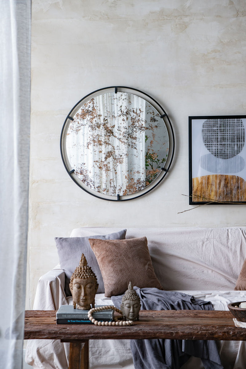 Theodor - Mirror With Industrial Design Round Mirror With Metal Frame For Wall Decor & Entryway Console Lean Against Wall - Black