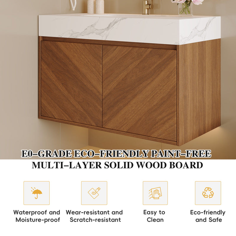Wall Mounted Bathroom Vanity With Sink, Soft Close - Walnut / White