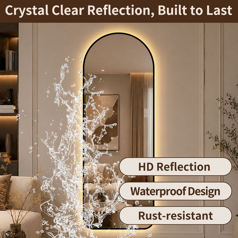 65" X 24" Arched LED Full Length Mirror With Frame, 3 Color Temperatures & Stepless Dimming - Black