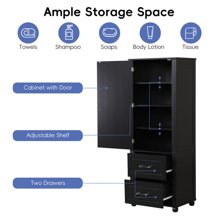 Tall Freestanding Bathroom Storage Cabinet With 2 Drawers And Adjustable Shelf