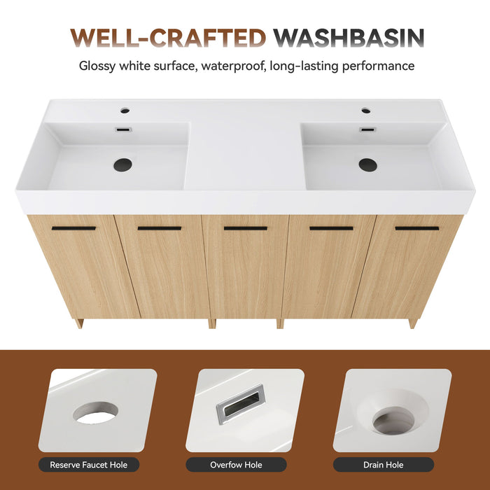 Double Sink Bathroom Vanity With Extra Large Storage, Integrated Sink, Freestanding Cabinet, Soft Close Doors - Glossy White / Light Oak
