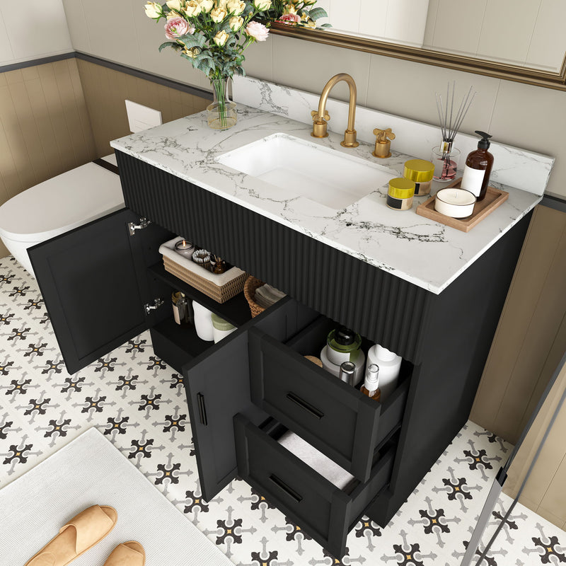 Bathroom Vanity Set, Fluted Cabinet, Soft Close Doors & Drawers, 3 Faucet Holes - Black