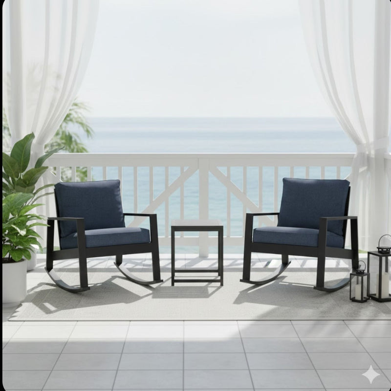Outdoor Rocking Bistro Set Of 3, Oversized Rocking Chairs With Cushions And Side Table - Black / Blue
