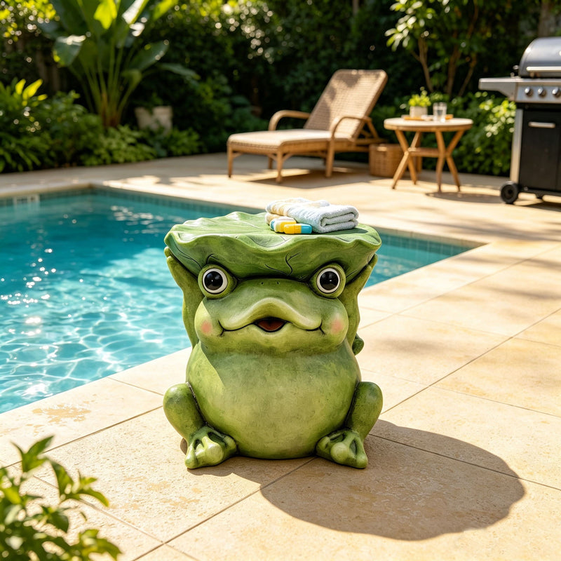 12'' Cute Frog Statue With Lotus Leaf Hat, Cartoon Animal Figurine Decor, Outdoor Garden Landscape Sculpture Ornament For Front Porch, Backyard Lawn, Patio, Walkway Home Decor