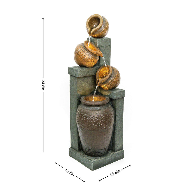4 Tier Outdoor Water Fountain With Warm LED Lights For Patio - Brown / Tan