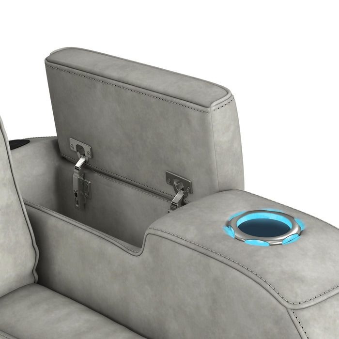 Prime Time - P3 Sofa With Ddt, 3.0 Table, 7 Colors (Led And Cup Holders), Reading Light, Vibration, Speaker, And Heat Massage - Leather Gel Light Gray