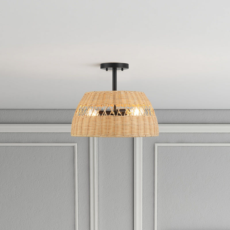 Twinkle - Double Lights Semi Flush With Shade - Black / Rattan