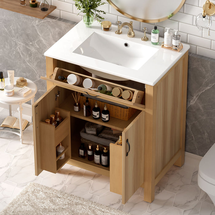 Bathroom Vanity With Flip Drawer, 2 Soft Close Doors, Adjustable Shelf And Ceramic Sink