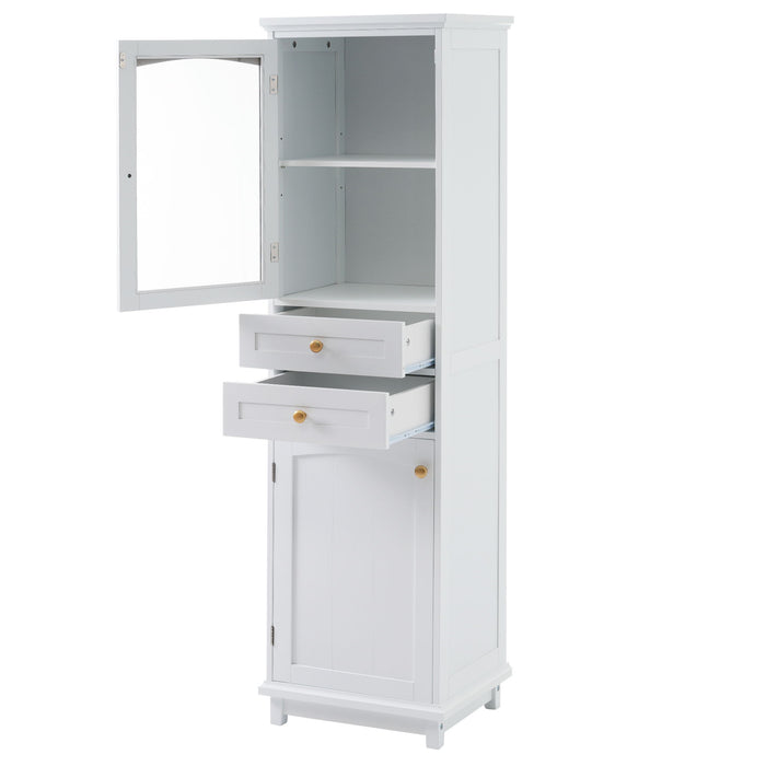 Tall Bathroom Storage Cabinet With Glass Doors, Free-Standing, Two Drawers, And Adjustable Shelves, Board, Painted Perfect For Displaying Your Favorite Items
