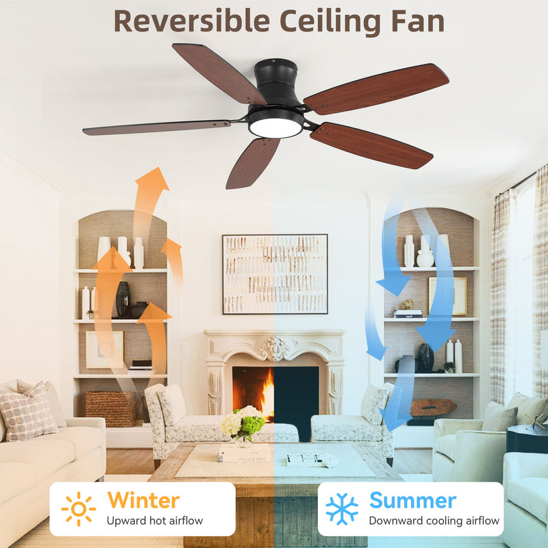 52" Flush Mount Ceiling Fan With Light, DC Motor, Remote Control, Dual Color