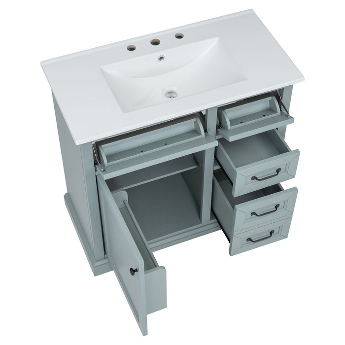 Bathroom Vanity With Ceramic Sink, Freestanding Design, 2 Tip Out Drawers, Soft Close Hinges - Gray