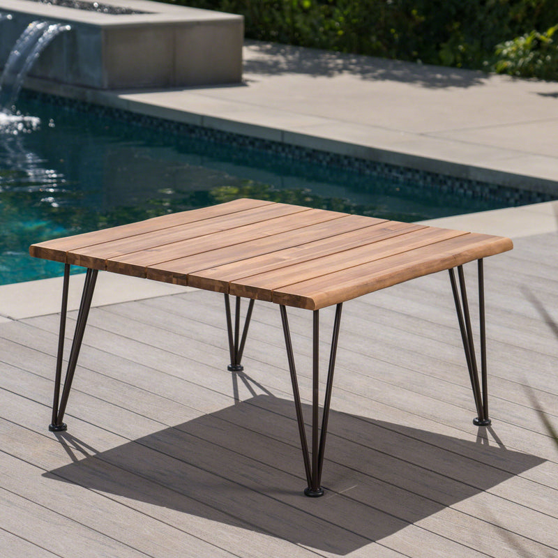 Outdoor Coffee Table With Slat Top And Metal Legs - Teak