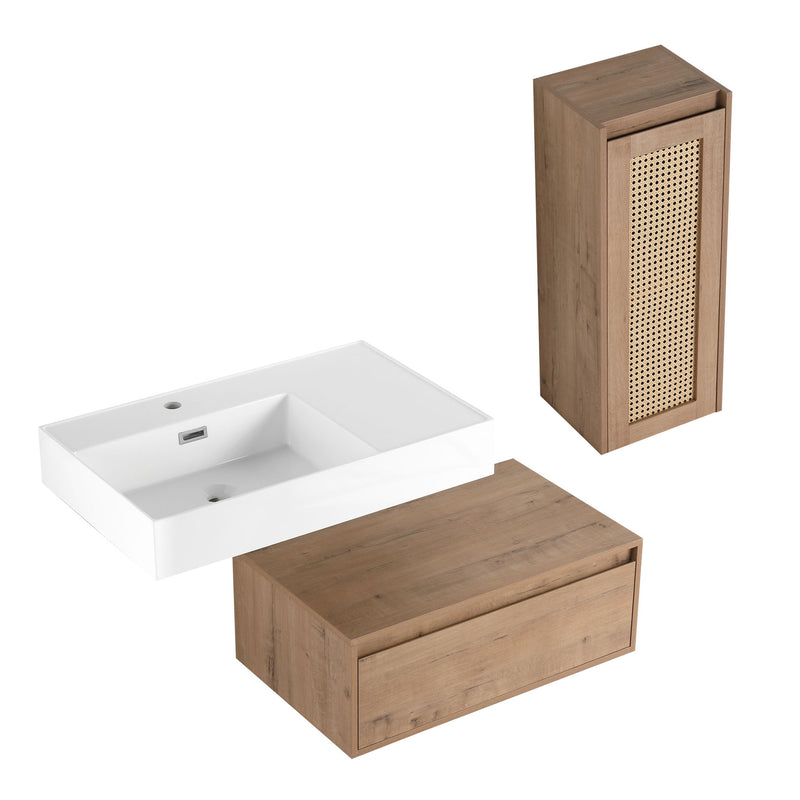 Modern Imitative Wall Mounted Bathroom Vanity With Resin Sink And Side Cabinet