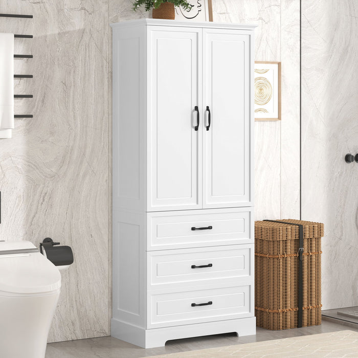 Tall Bathroom Storage Cabinet With 2 Doors And Drawers, Adjustable Shelf - White