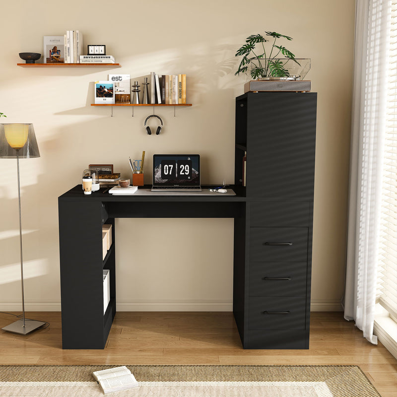 Computer Desk With 4 In 1 Socket, 3 Slide Drawers And 4 Storage Levels, For Home Office - Black