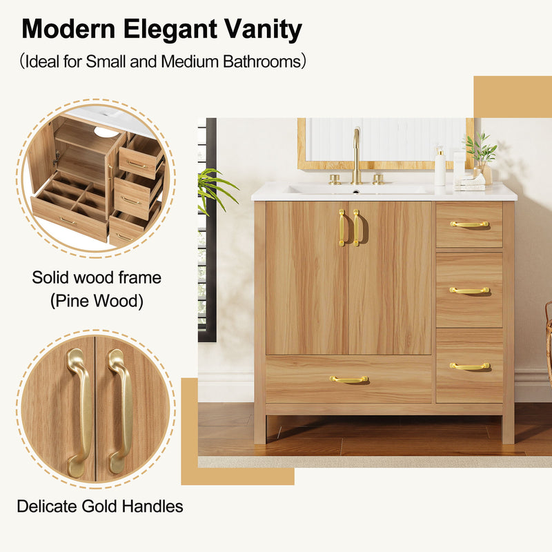 Bathroom Vanity, 2 Soft Close Doors, 4 Soft Close Drawers, Adjustable Shelf, Storage Cabinet - Acacia Wood