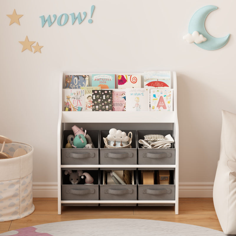 Bookshelf With 6 Storage Bins, Multi Functional Children's Bookcase And Toy Organizer - White