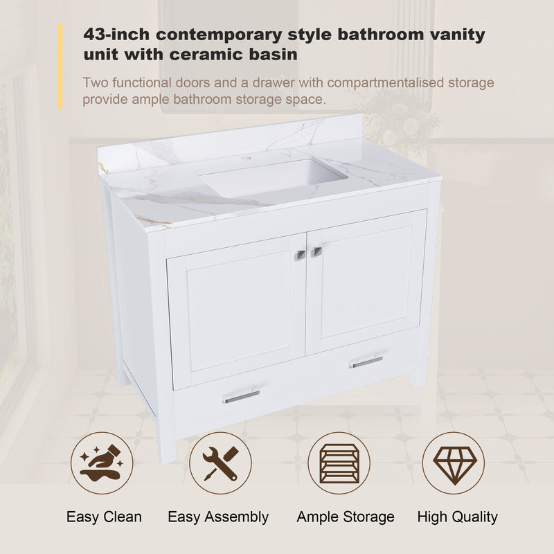 43" Bathroom Vanity, Multi Functional Cabinet, Doors And Drawer - White