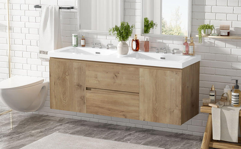 Double Sink Bathroom Vanity, Cabinet & Soft Close Doors, Divided Drawers, Wall Mounted Storage - Wood