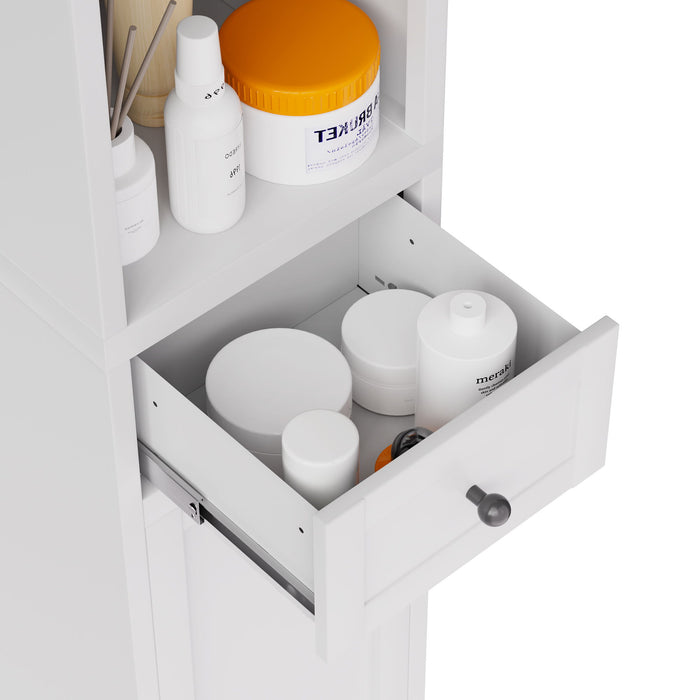 Tall Bathroom Storage Cabinet, 5-Tier Narrow With 2 Doors & Adjustable Shelves, Freestanding - White