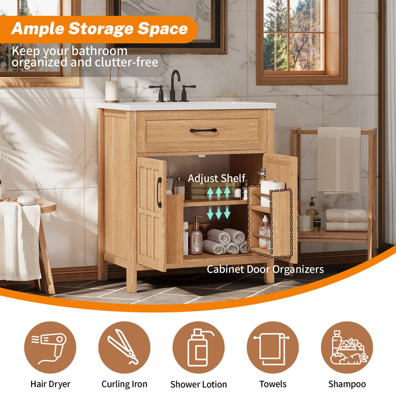 Bathroom Vanity With Sink, Adjustable Shelf & Door Organizers - Walnut
