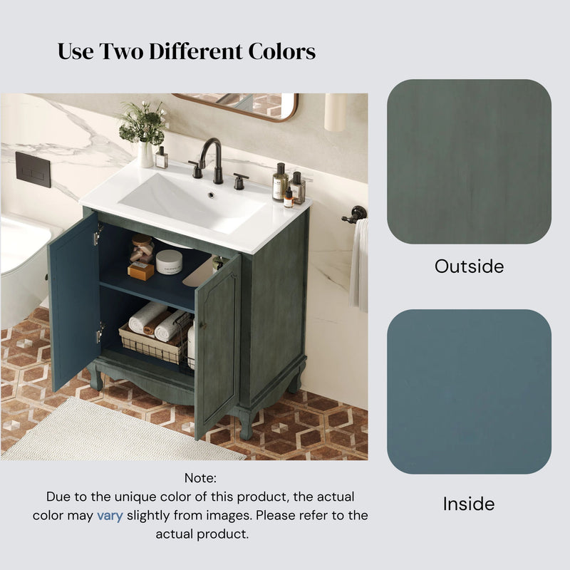 Vintage Bathroom Vanity With Ceramic Sink, Adjustable Shelves