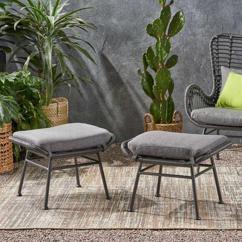 Outdoor Modern Boho Wicker Ottoman With Cushions (Set of 2)