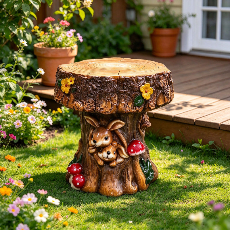 Rabbit Garden Chair, Whimsical Tree Stump Design, Indoor Outdoor Accent Chair - Brown