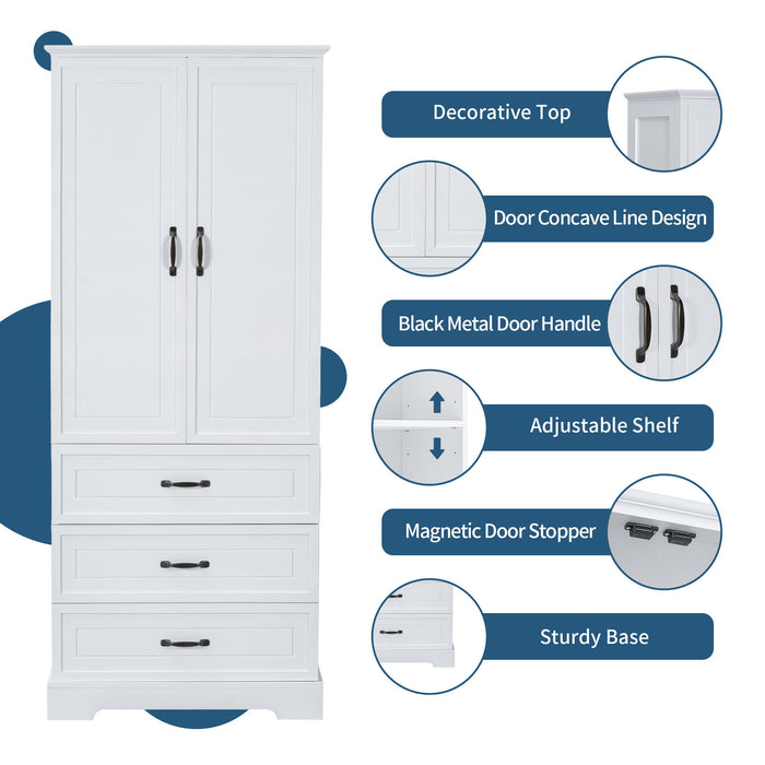 Tall Bathroom Storage Cabinet With 2 Doors And Drawers, Adjustable Shelf - White