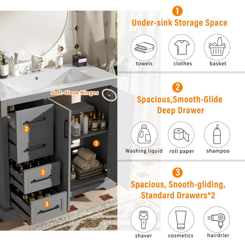 Bathroom Vanity With Sink, Soft Close Doors, Adjustable Shelf & 3 Drawers