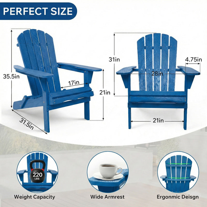 Outdoor Folding Adirondack Chair With Pre-Assembled BackRest & SeatBoard Patio - Navy Blue