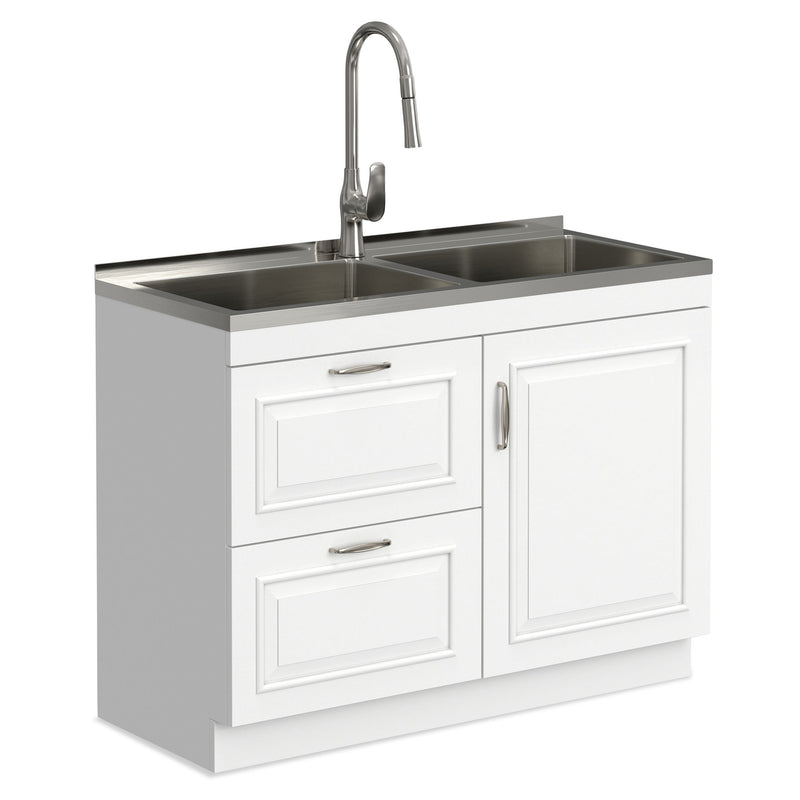 Darwin - Laundry Utility Sink And Cabinet With Dual Sinks, Pull Out Faucet - White